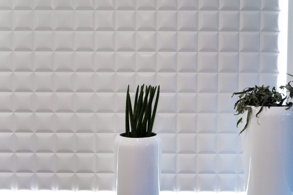 zwei schlichte Pflanzen in hohen Blumentoepfen vor weißer Wand aus Kacheln